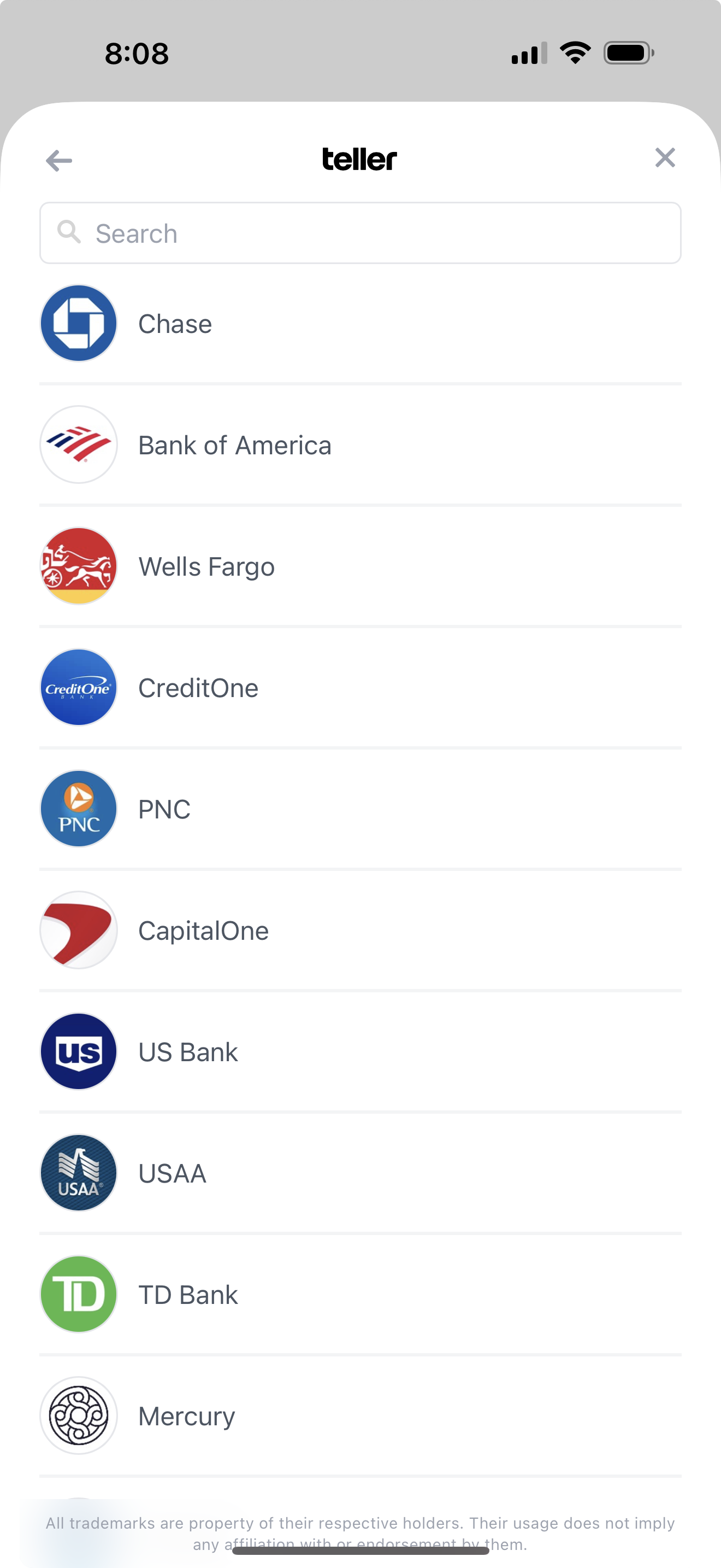Teller bank selection showing logos of supported banks